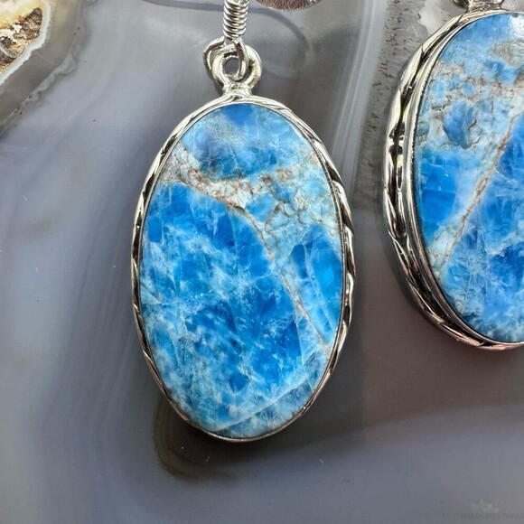 Sterling Silver Southwestern Style Oval Apatite Dangle Earrings For Women - Picture 5 of 10